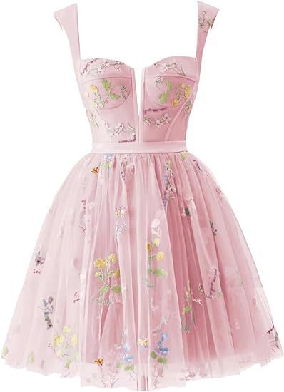 Flower Embroidered Strap A-Line Mesh Short Evening Dress(Processing time need 3-6 days)