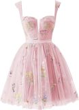 Flower Embroidered Strap A-Line Mesh Short Evening Dress（Processing time need 3-6 days）