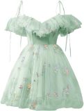 Flower Embroidered Strap Ruffled Off Shoulder A-Line Mesh Short Evening Dress（Processing time need 3-6 days）