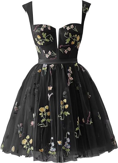 Flower Embroidered Strap A-Line Mesh Short Evening Dress(Processing time need 3-6 days)