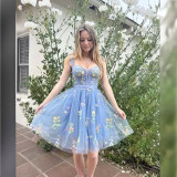 Flower Embroidered Strap A-Line Mesh Short Evening Dress（Processing time need 3-6 days）