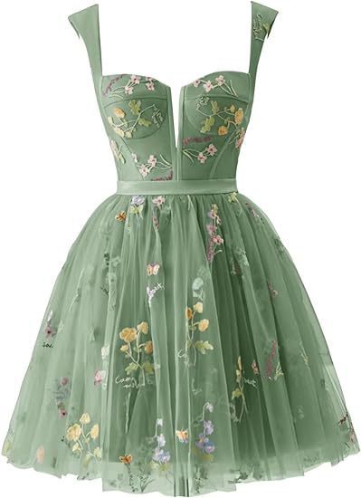 Flower Embroidered Strap A-Line Mesh Short Evening Dress(Processing time need 3-6 days)