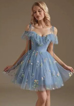 Flower Embroidered Strap Ruffled Off Shoulder A-Line Mesh Short Evening Dress(Processing time need 3-6 days) Flower Embroidered Strap Ruffled Off Shoulder A-Line Mesh Short Evening Dress(Processing time need 3-6 days)