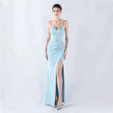 Fishbone Slim Waist Solid Color Satin Evening Dress