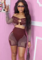 Sexy Patchwork Off Shoulder Long-Sleeved Crop Top High Waist Hollow Slim Shorts Two Piece Set Sexy Patchwork Off Shoulder Long-Sleeved Crop Top High Waist Hollow Slim Shorts Two Piece Set