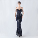 Fishbone Slim Waist Sexy Rhinestone Chain Strap Evening Dress