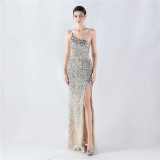 Gradient Sequins High Slit Slash Shoulder Sexy Evening Dress