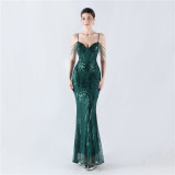 Fishbone Slim Waist Sexy Rhinestone Chain Strap Evening Dress