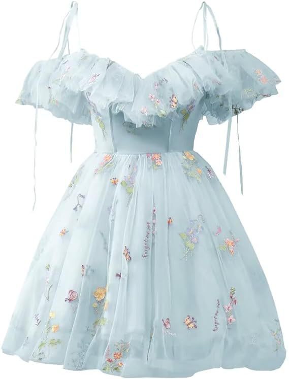 Flower Embroidered Strap Ruffled Off Shoulder A-Line Mesh Short Evening Dress(Processing time need 3-6 days)