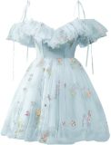Flower Embroidered Strap Ruffled Off Shoulder A-Line Mesh Short Evening Dress（Processing time need 3-6 days）