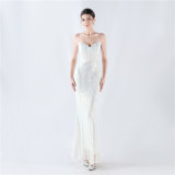 Fishbone Slim Waist Sexy Rhinestone Chain Strap Evening Dress