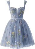 Flower Embroidered Strap A-Line Mesh Short Evening Dress（Processing time need 3-6 days）
