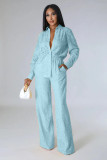 Women's Fashion Casual Autumn Winter Solid Color Long Sleeve Lace Shirt Pants Two Piece Set