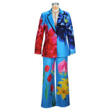 Spring Autumn Women's Fashion V-Neck Printing Blazer Trousers Two-Piece Set