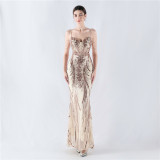 Fishbone Slim Waist Sexy Rhinestone Chain Strap Evening Dress
