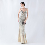 Gradient Sequins Sexy Strap Evening Dress