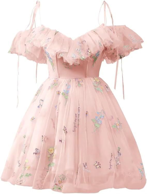 Flower Embroidered Strap Ruffled Off Shoulder A-Line Mesh Short Evening Dress(Processing time need 3-6 days)