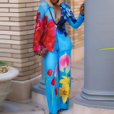 Spring Autumn Women's Fashion V-Neck Printing Blazer Trousers Two-Piece Set