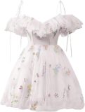 Flower Embroidered Strap Ruffled Off Shoulder A-Line Mesh Short Evening Dress（Processing time need 3-6 days）