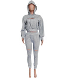 Women's Solid Color Hong Sleeve Hollow Hoodies Sweatpants Two-Piece Set