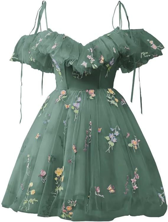 Flower Embroidered Strap Ruffled Off Shoulder A-Line Mesh Short Evening Dress(Processing time need 3-6 days)