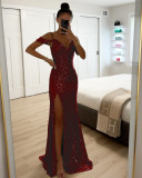 Women Suspender Sequin Slit Dress