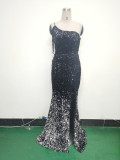 Gradient Sequins One-Shoulder Strap Evening Dress