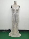 Fishbone Slim Waist Sexy Rhinestone Chain Strap Evening Dress