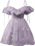 Flower Embroidered Strap Ruffled Off Shoulder A-Line Mesh Short Evening Dress（Processing time need 3-6 days）