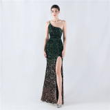 Gradient Sequins High Slit Slash Shoulder Sexy Evening Dress