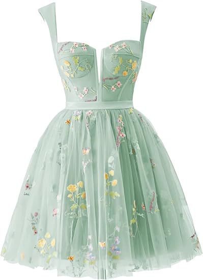 Flower Embroidered Strap A-Line Mesh Short Evening Dress(Processing time need 3-6 days)