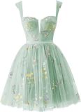 Flower Embroidered Strap A-Line Mesh Short Evening Dress（Processing time need 3-6 days）