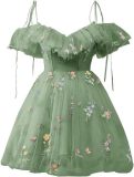 Flower Embroidered Strap Ruffled Off Shoulder A-Line Mesh Short Evening Dress（Processing time need 3-6 days）