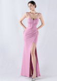 Fishbone Slim Waist Solid Color Satin Evening Dress