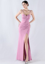 Fishbone Slim Waist Solid Color Satin Evening Dress