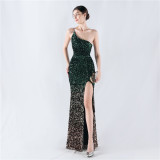 Gradient Sequins High Slit Slash Shoulder Sexy Evening Dress