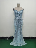 Fishbone Slim Waist Sexy Rhinestone Chain Strap Evening Dress