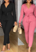 Solid Color V-Neck Slim Waist Long-Sleeved Pants Set Solid Color V-Neck Slim Waist Long-Sleeved Pants Set