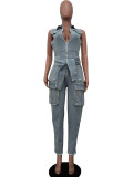 Women Summer Pockets Denim Jumpsuit
