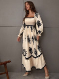Women's Autumn Winter Elegant Printed Square Neck Long Sleeve Casual Long Dress