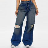 Women Denim no Stretchy Wide-leg Jeans