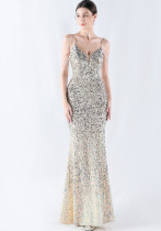 Gradient Sequins Sexy Strap Evening Dress