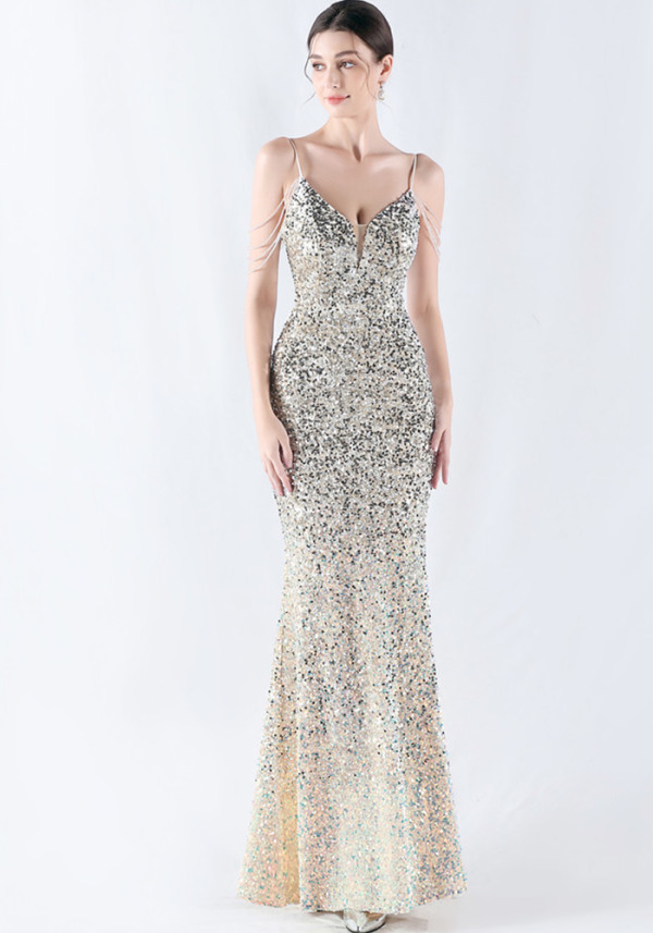 Gradient Sequins Sexy Strap Evening Dress