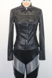 Fashionable Beaded Turndown Collar Slim Waist Long-Sleeved Leather Shirt Top Women's Clothing