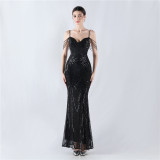 Fishbone Slim Waist Sexy Rhinestone Chain Strap Evening Dress