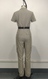 Women's Fashion Zipper Cargo Jumpsuit Short-Sleeved Turndown Collar Pocket Belt Jumpsuit