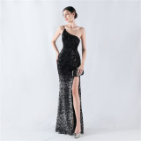 Gradient Sequins High Slit Slash Shoulder Sexy Evening Dress