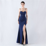 Fishbone Slim Waist Solid Color Satin Evening Dress