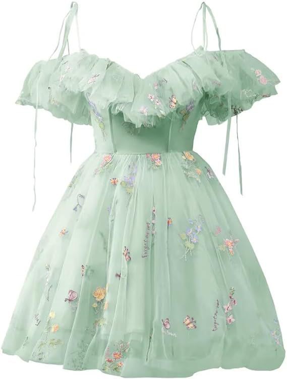 Flower Embroidered Strap Ruffled Off Shoulder A-Line Mesh Short Evening Dress(Processing time need 3-6 days)