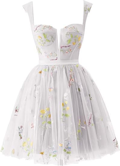 Flower Embroidered Strap A-Line Mesh Short Evening Dress(Processing time need 3-6 days)